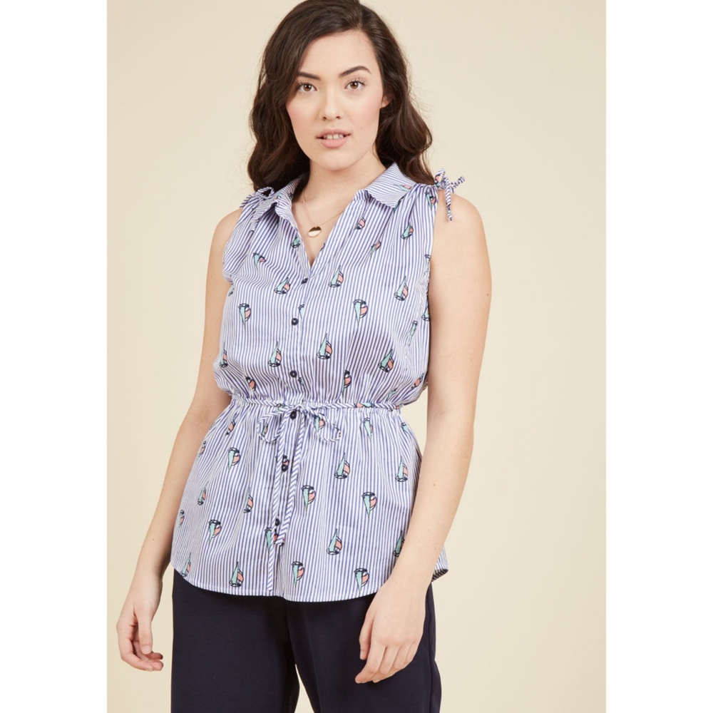 NEW Modcloth Striped Buttoned Tie Sailboat Top